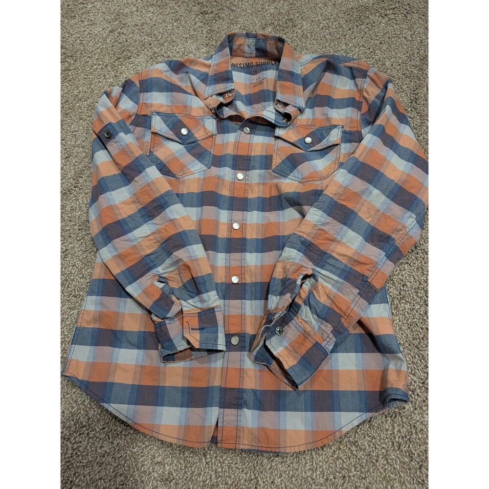 Mossimo Supply Co Men’s Small Plaid Western Pearl Snap Long Sleeve Blue Orange
